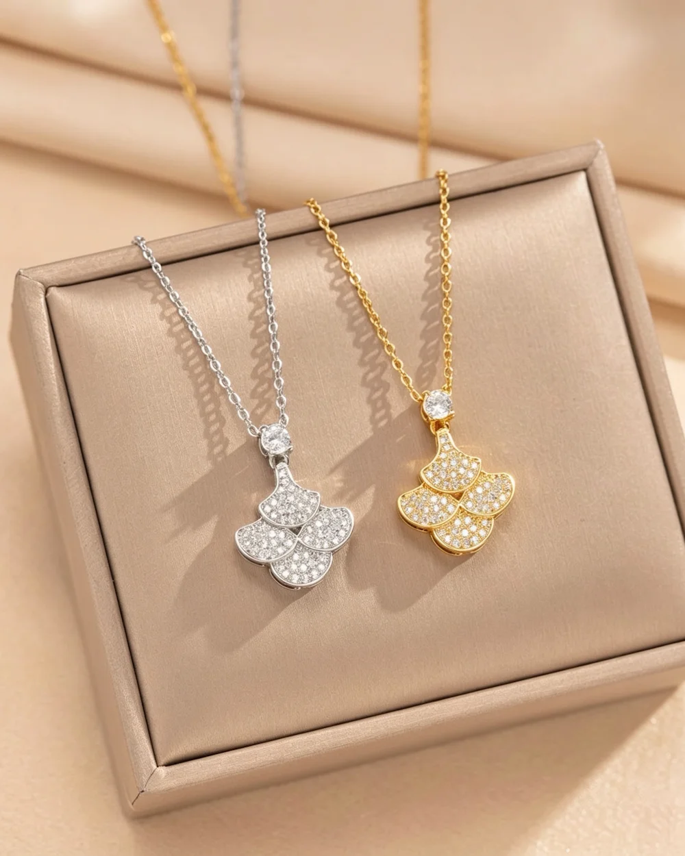 The Aurum Gingko Blossom Copper and Zircon Clavicle With 18K Gold Plated and Titanium Steel Necklace
